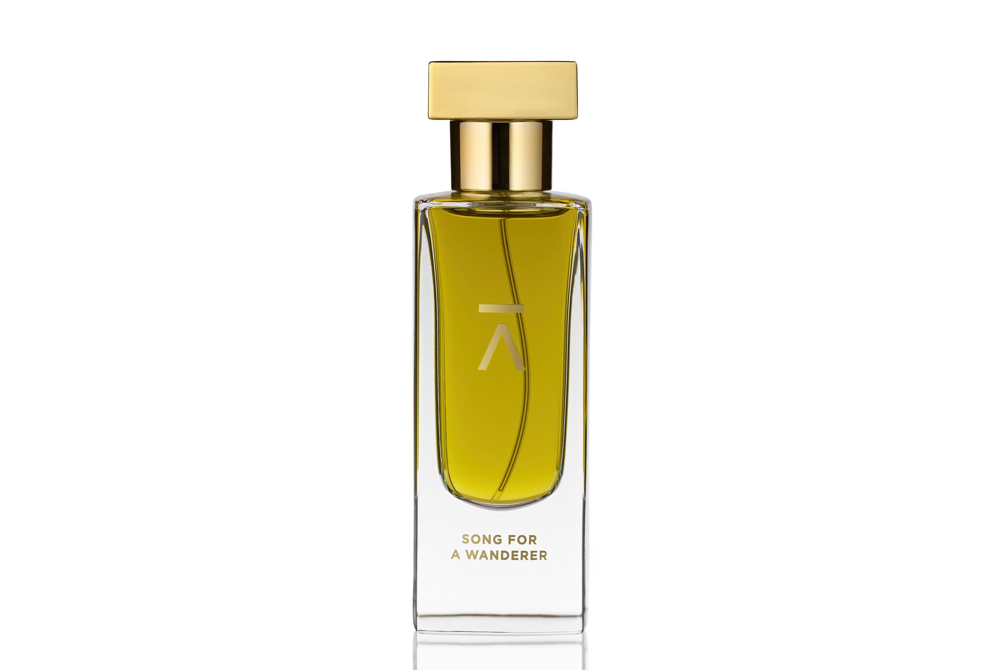 Studio photograph of a ‘Song For A Wanderer’ perfume bottle by Azman Perfumes in collaboration with Chris Maurice, set against a white background. The bottle reflects a green yellow, fresh, and mysterious aesthetic, highlighting elements such as smoke, wet land, jasmine, bergamot and oud.